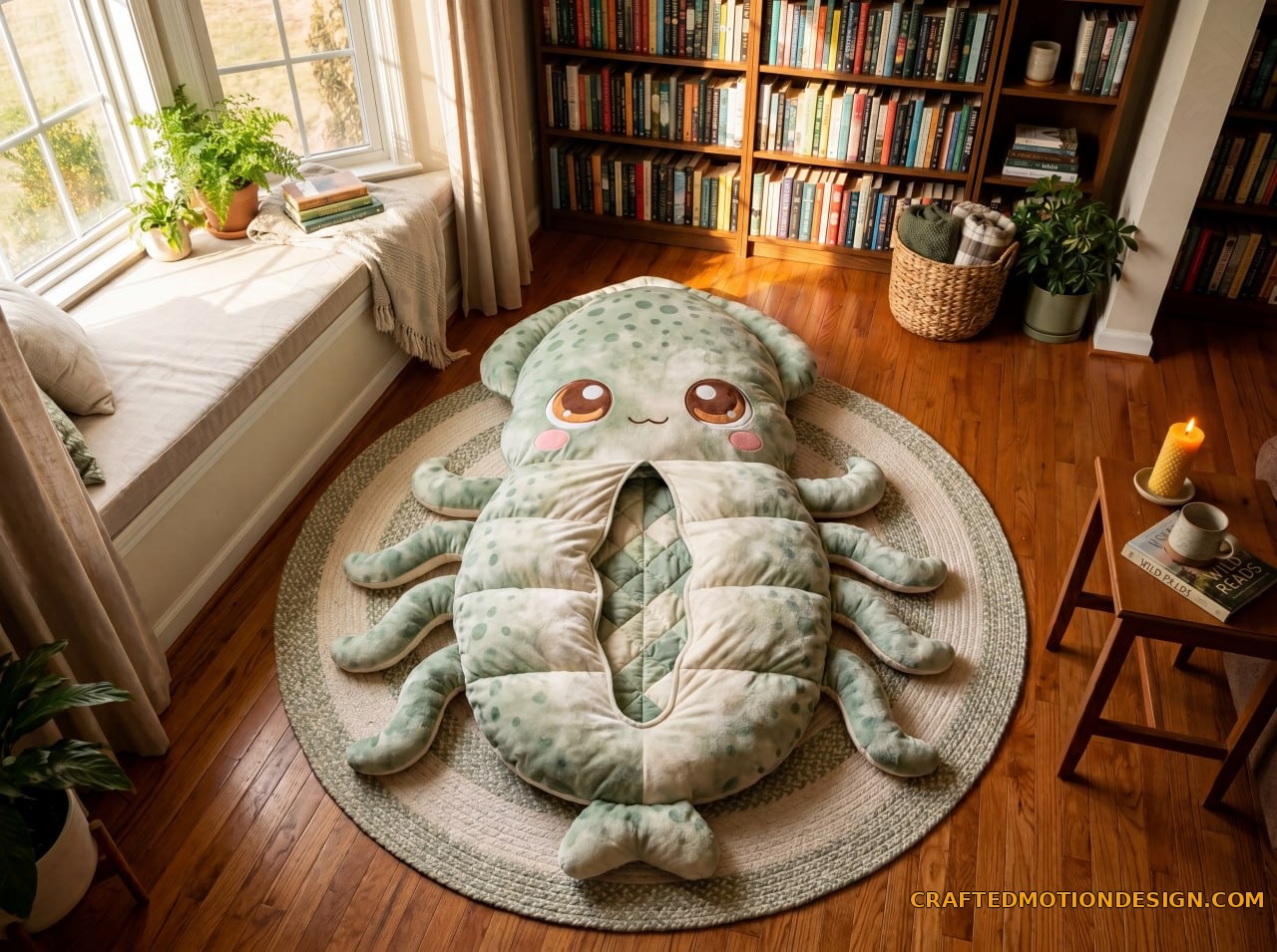 Mimic Octopus sleeping bag in warm brown and cream stripes in a Japandi style living room