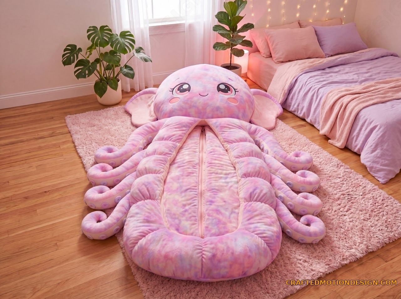 Giant Pacific Octopus sleeping bag in deep ocean blue and purple on a teal sofa