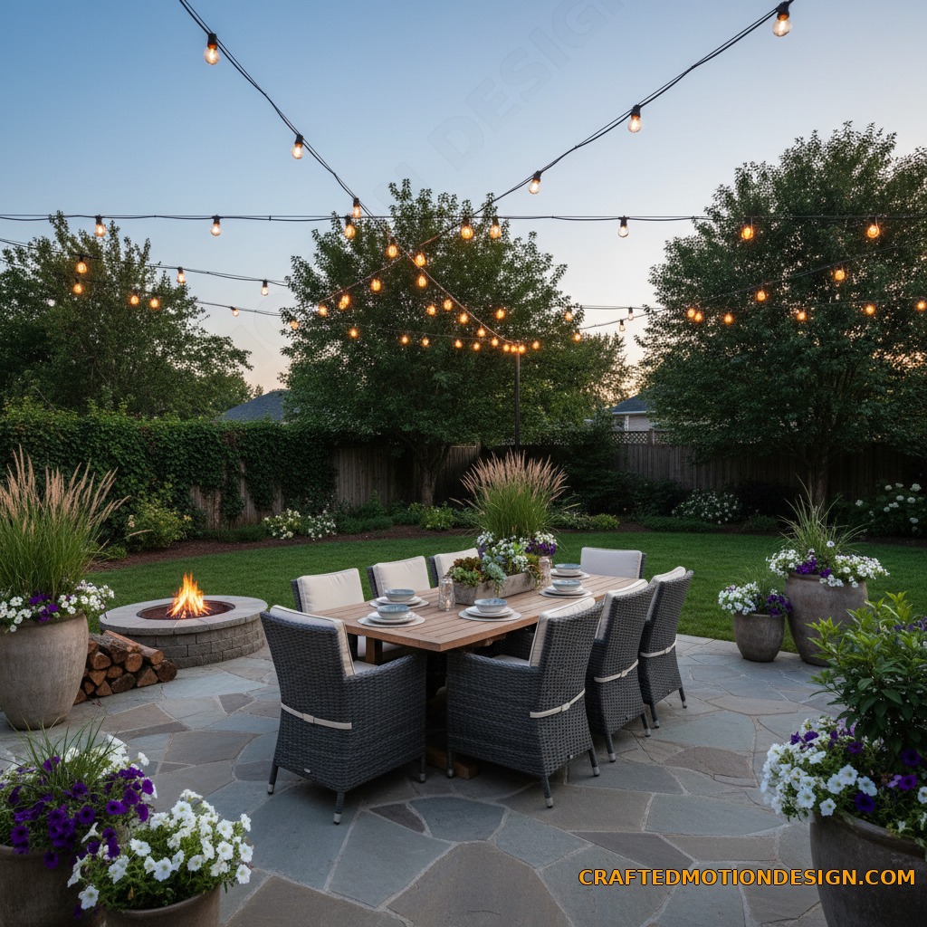 Backyard patio dining area with warm outdoor string lights at dusk