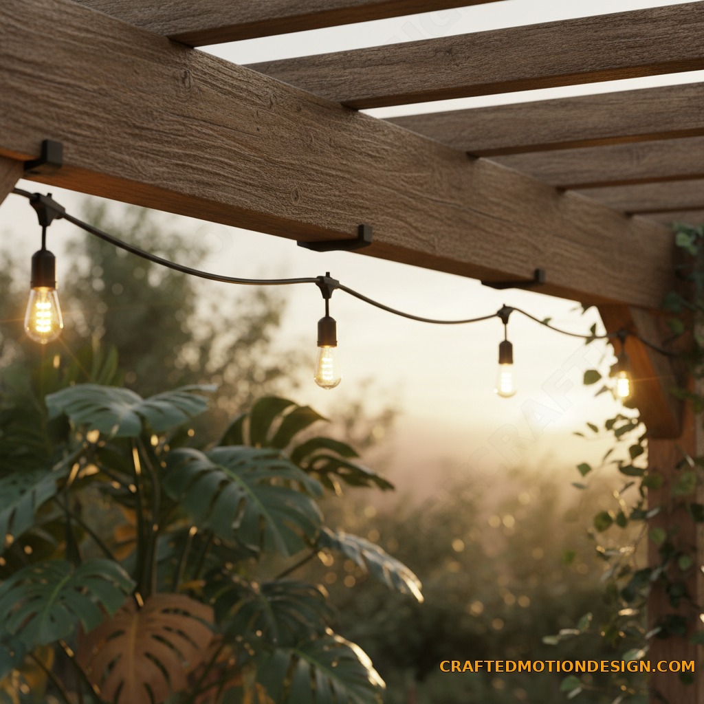 Close up of waterproof outdoor string lights clipped along a pergola beam