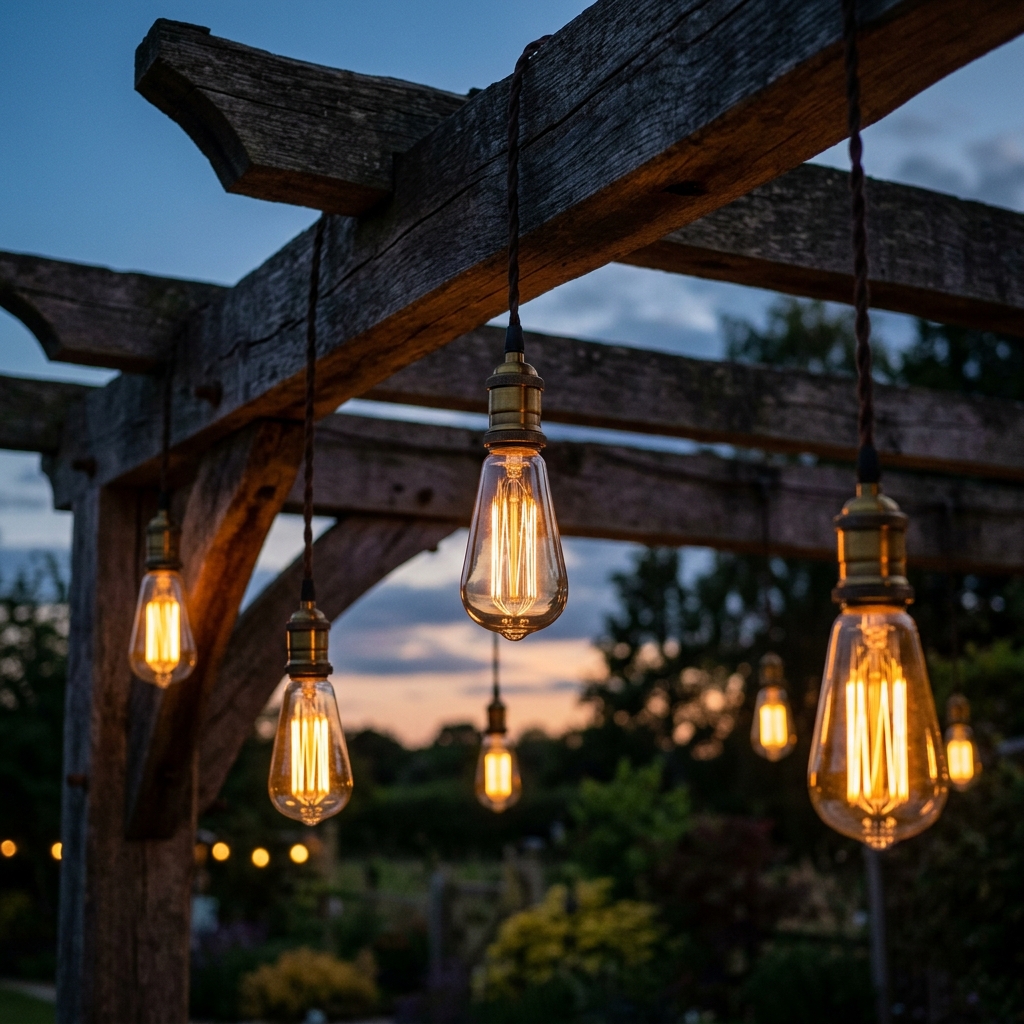 Close up of vintage Edison bulb string lights on pergola