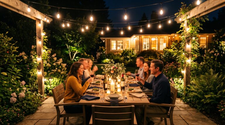 Backyard patio with warm Edison bulb string lights