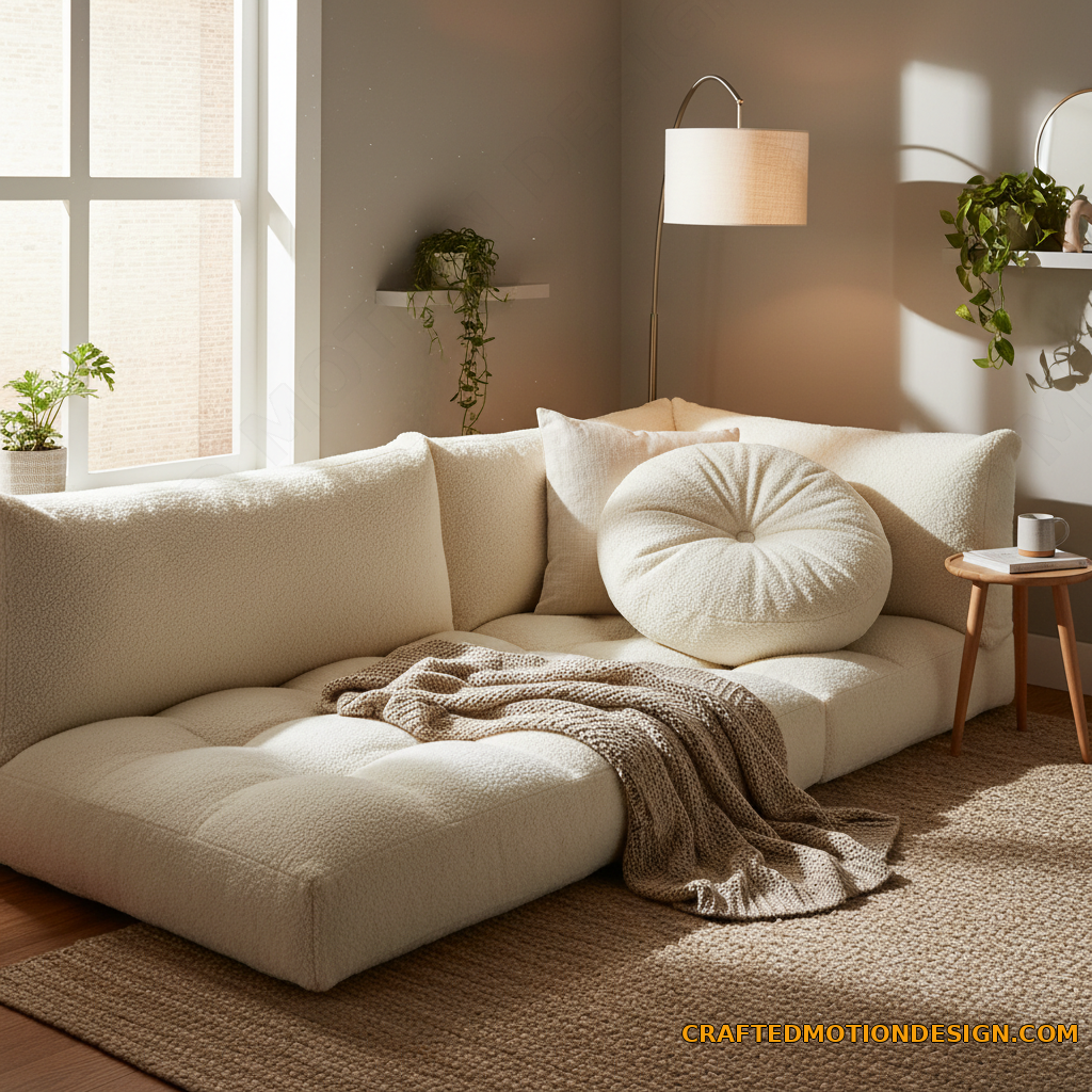 Oversized floor lounger reading nook cushion in a cozy bedroom corner