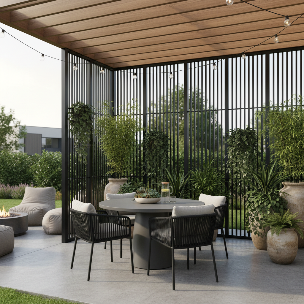 Modern patio dining area with black privacy screen panels