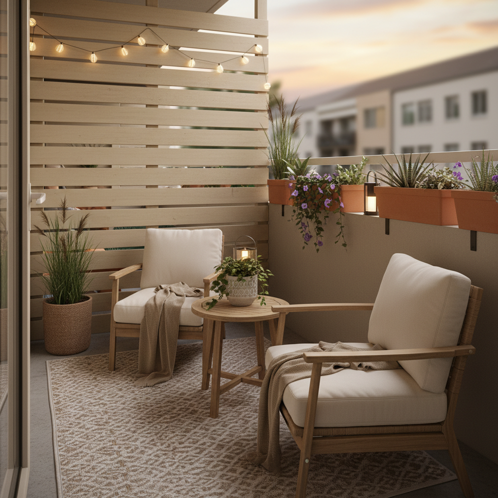 Small balcony with compact privacy screen and cozy seating
