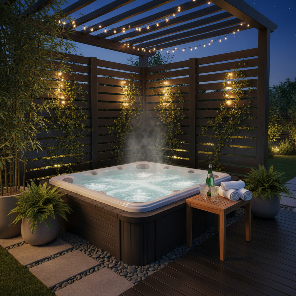 Hot tub patio corner with privacy screens and string lights