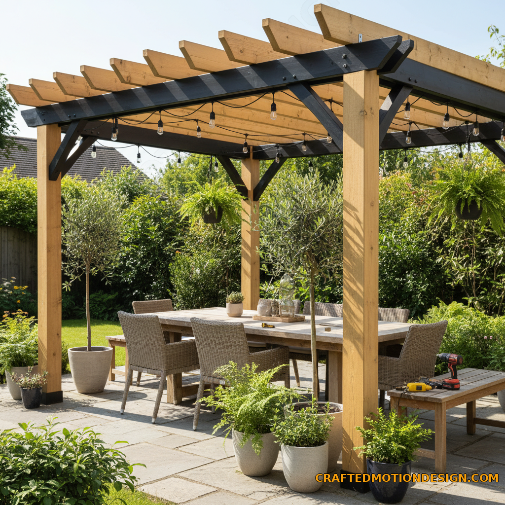 Backyard pergola kit over dining patio with string lights