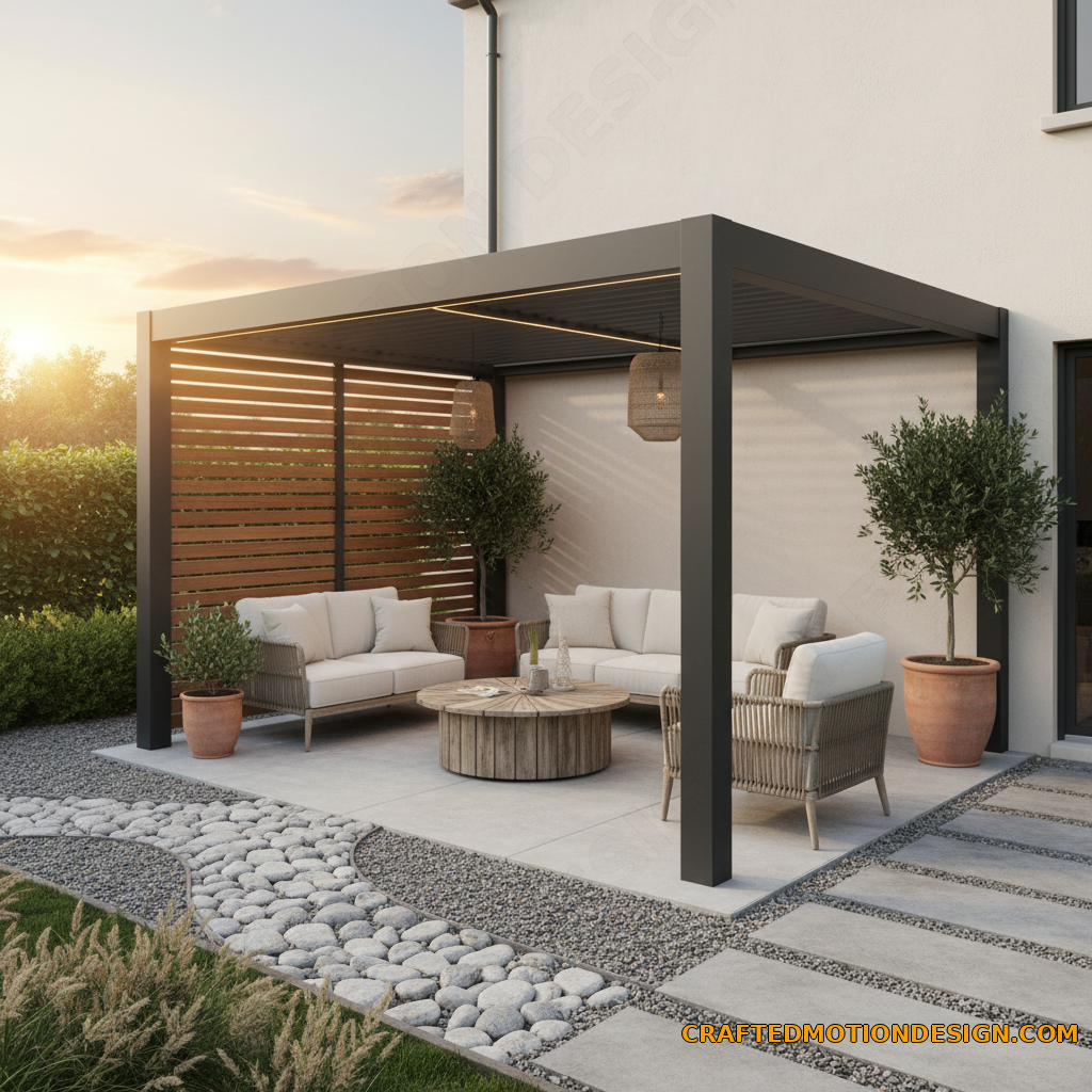 Shaded lounge zone under backyard pergola kit