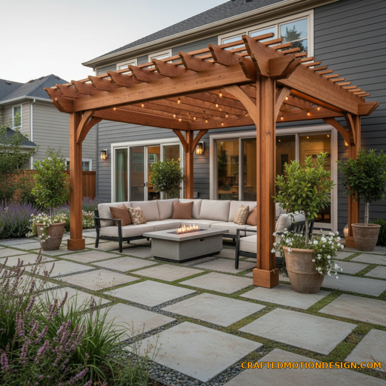 Luxury backyard patio with modern wooden pergola kit