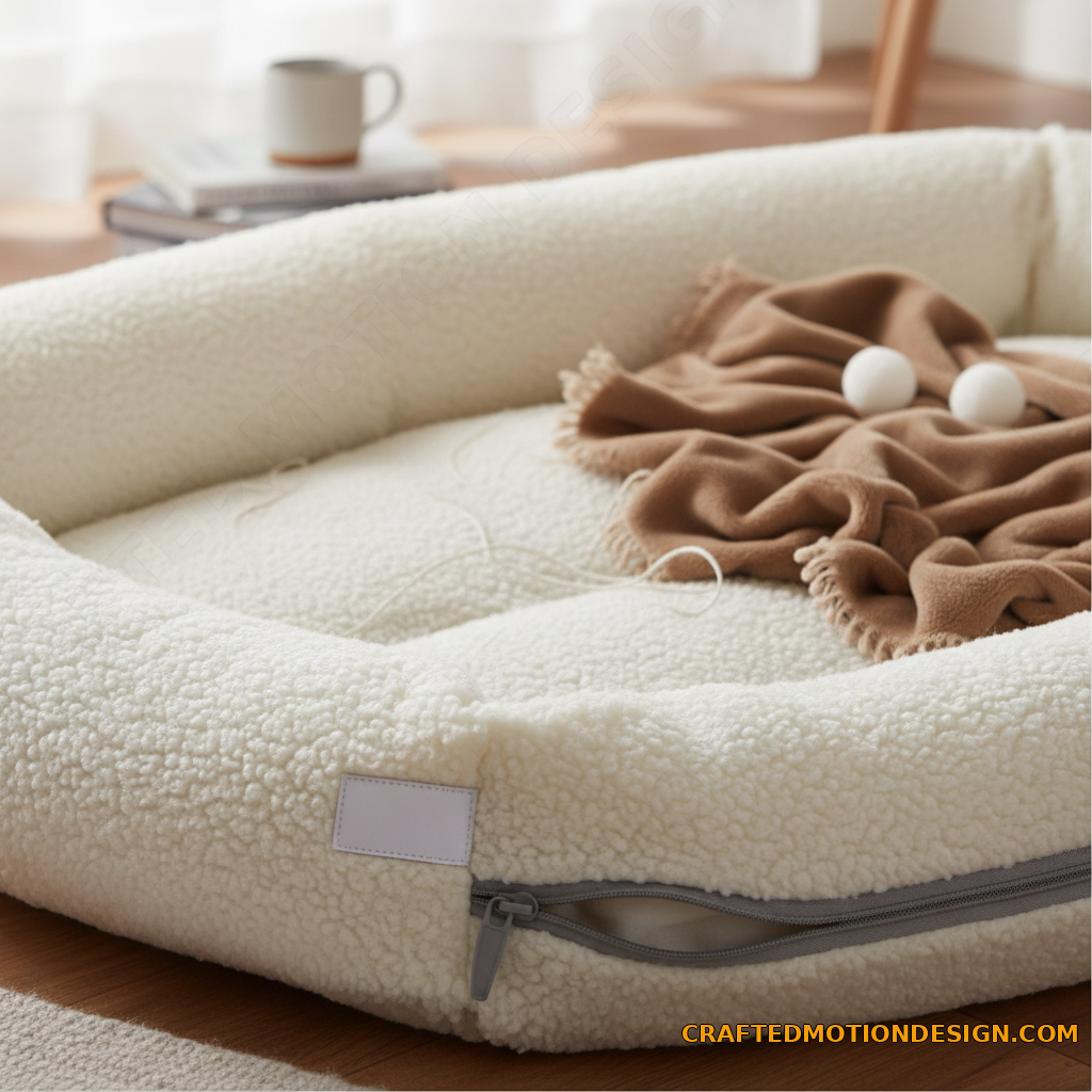 Close up of plush human dog bed with raised bolster and washable cover texture