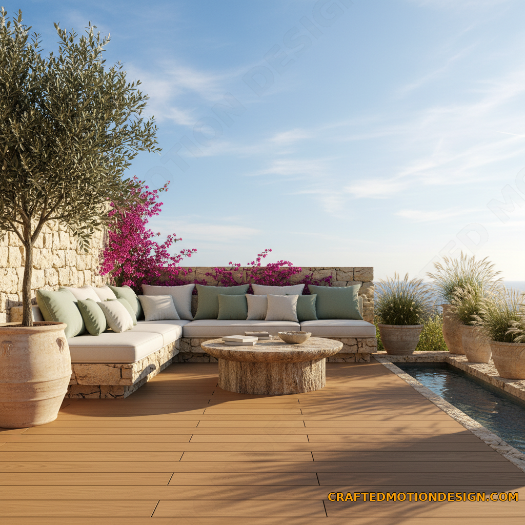 Evening view of luxury resort style patio lounge with string lights fire pit and comfortable seating