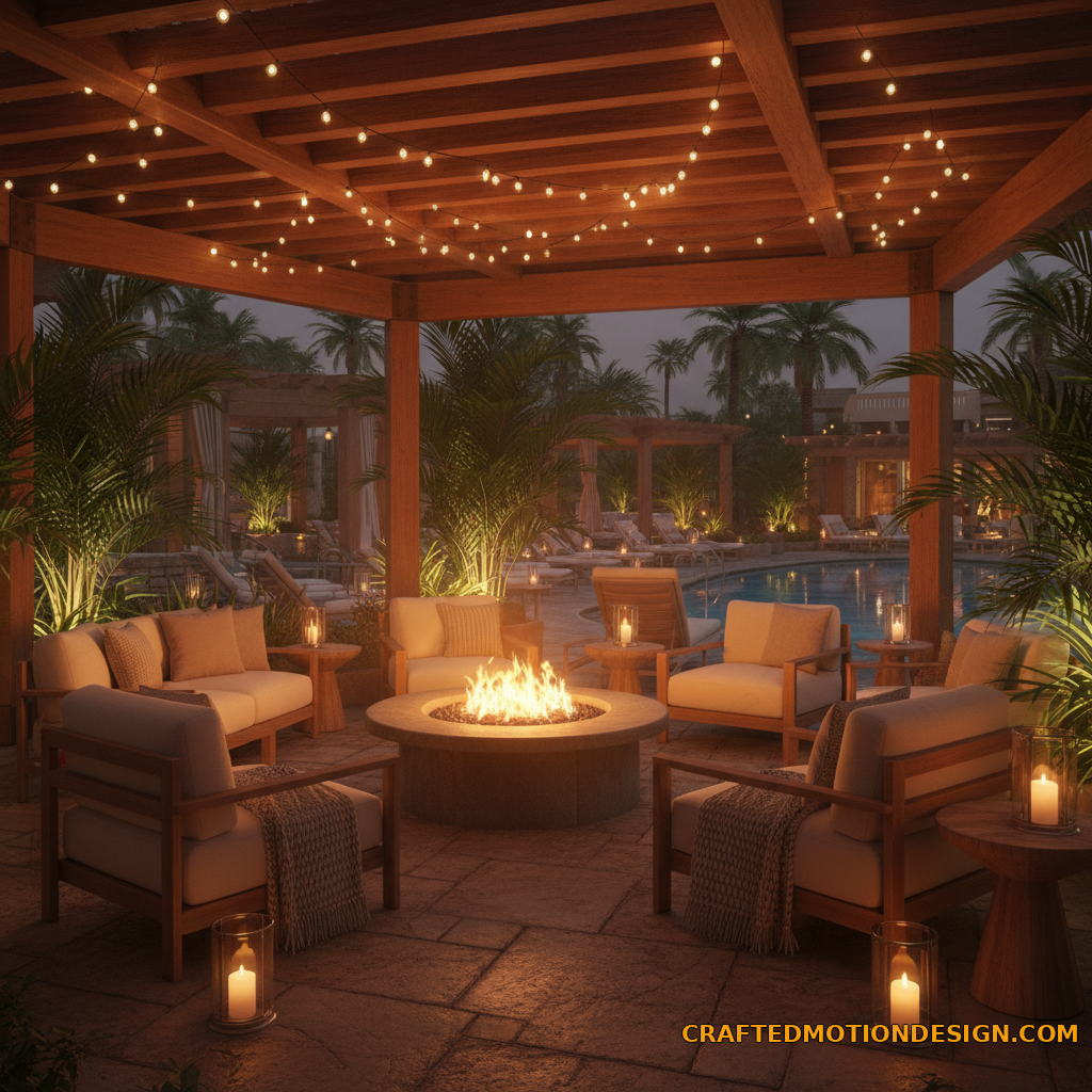 Side by side resort style patio transformation with water features and lush greenery