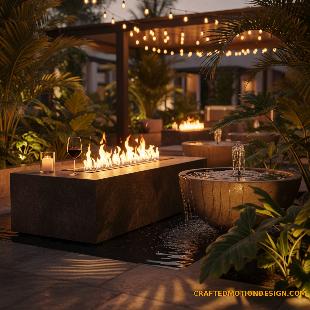 Close up of patio fire feature and water element with warm ambient lighting at dusk