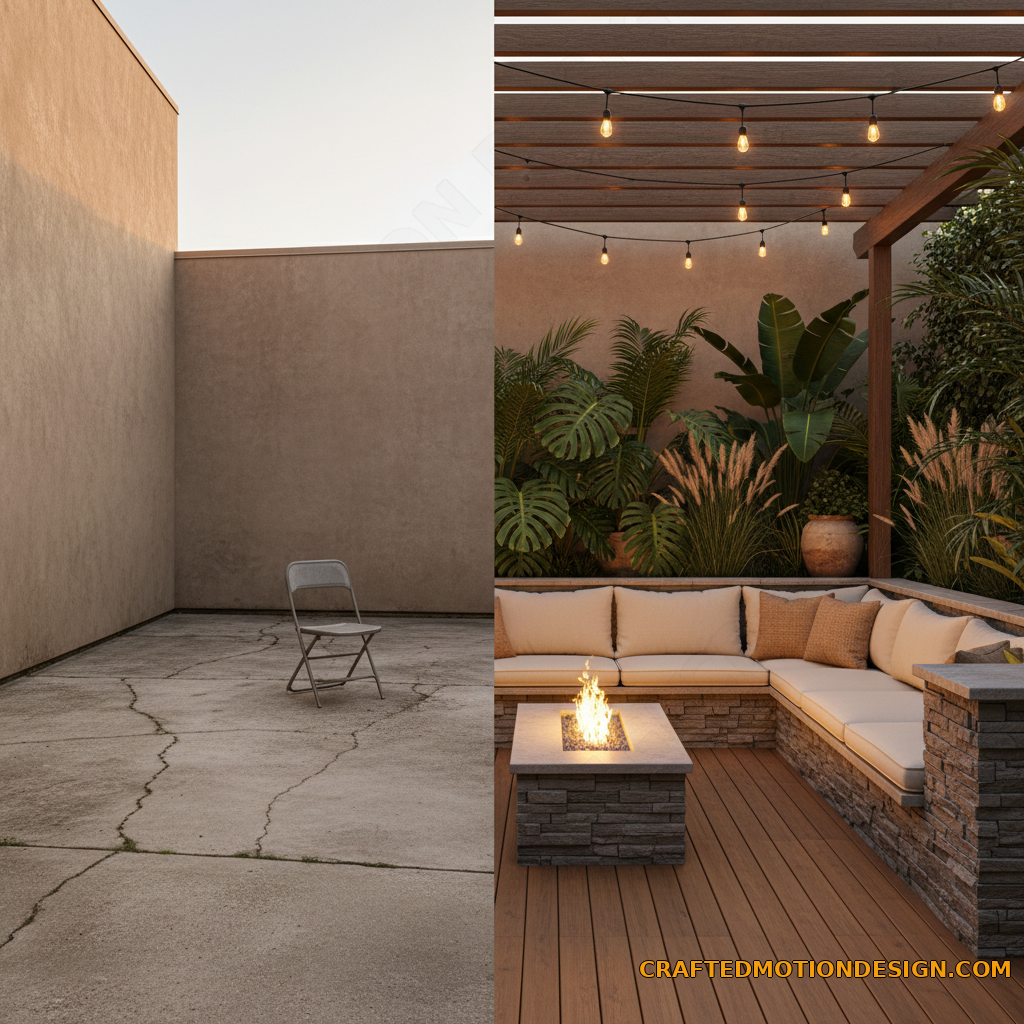 Wide shot of resort style patio with built in seating warm wood decking and tropical plants
