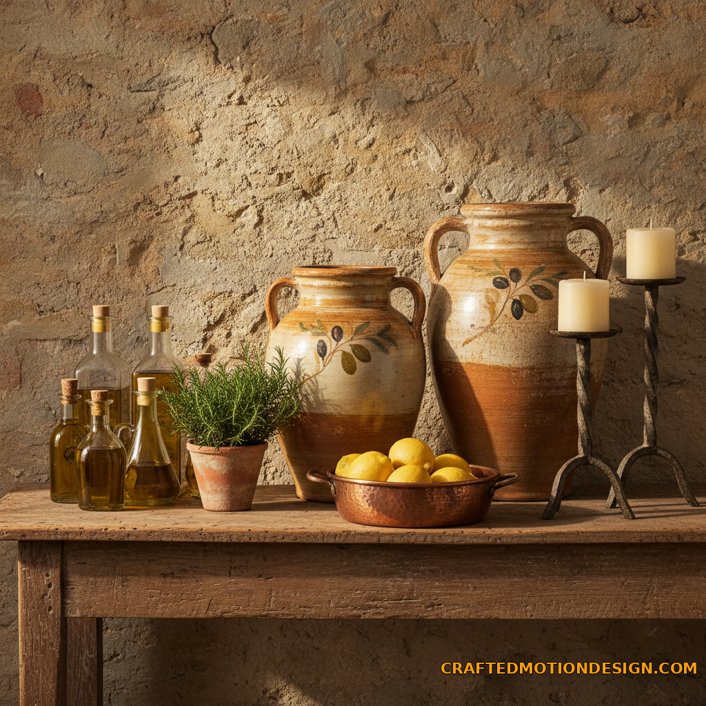 Close up of Tuscan home decor elements including Mediterranean pottery and fresh herbs