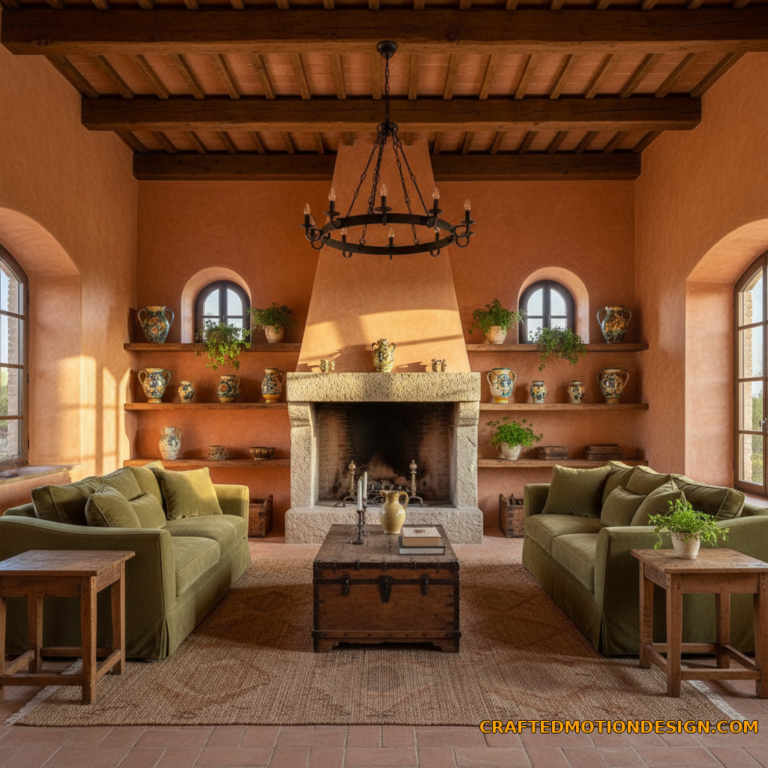 Luxurious Tuscan living room with warm terracotta walls and exposed wooden beams