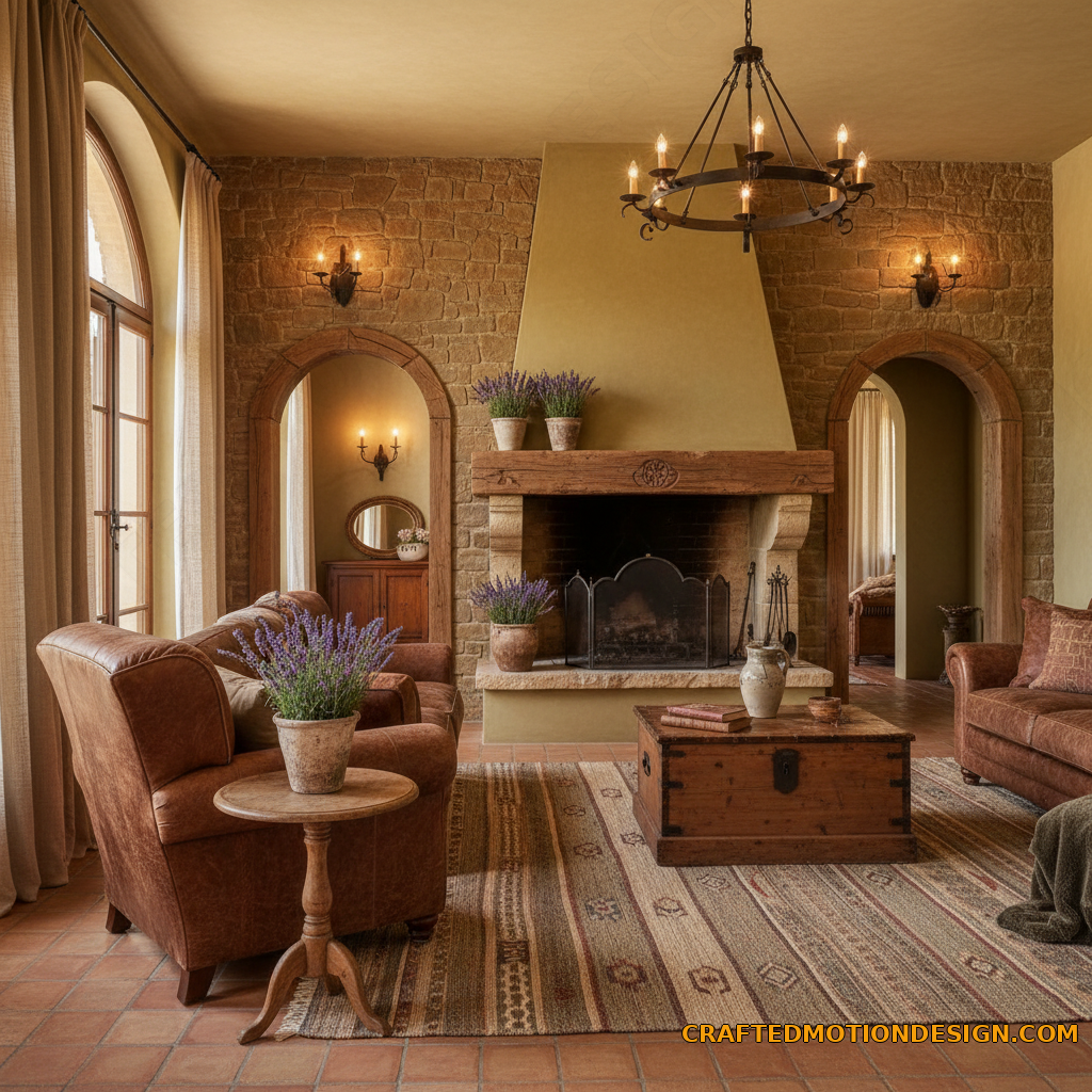 Wide angle view of a Tuscan style living room with stone accent wall and rustic furniture