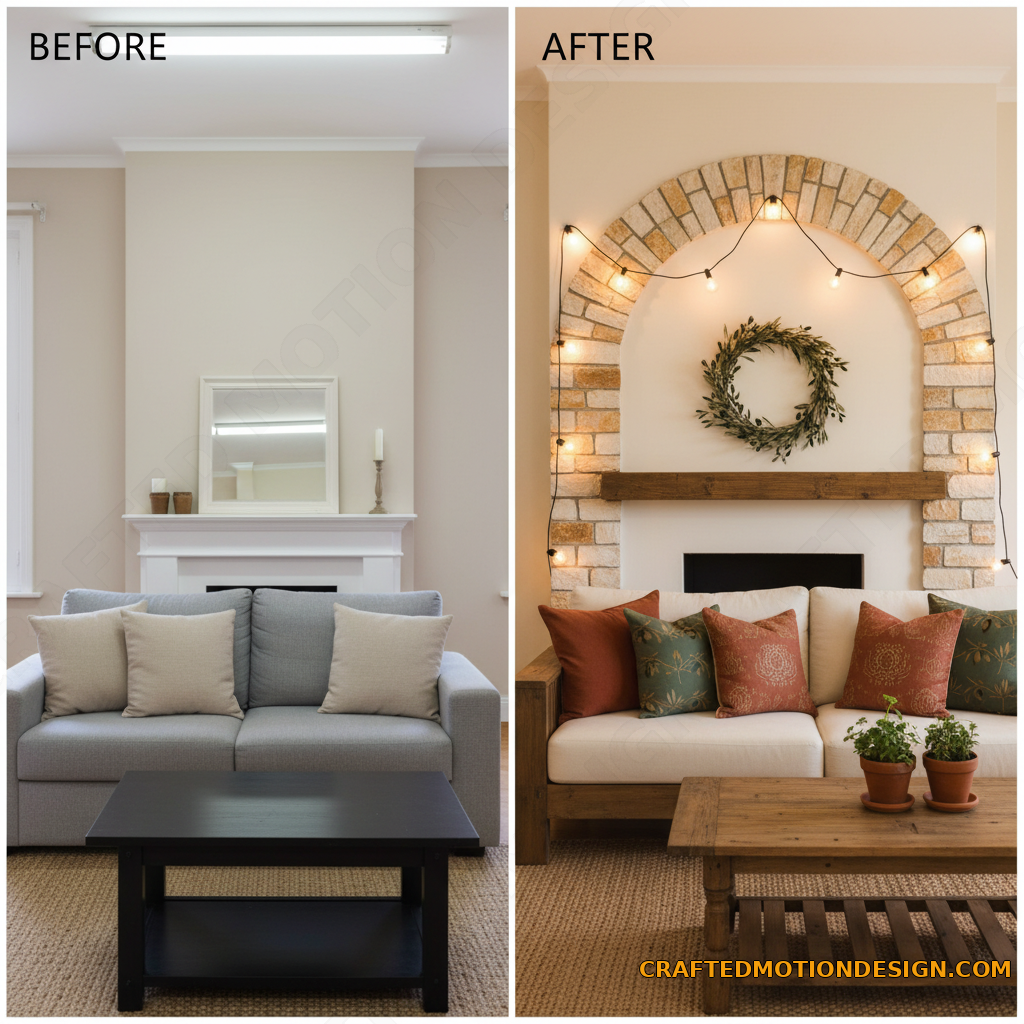 Cozy budget friendly Tuscan inspired living room renovation