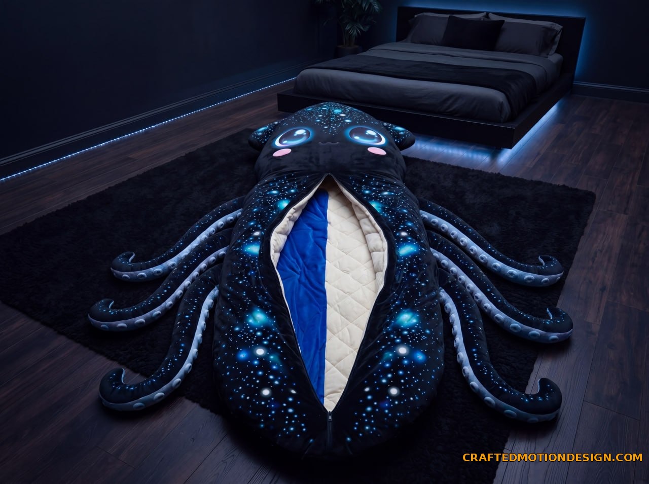 Vampire Squid sleeping bag in deep purple with dark webbing cloak in a gothic bedroom