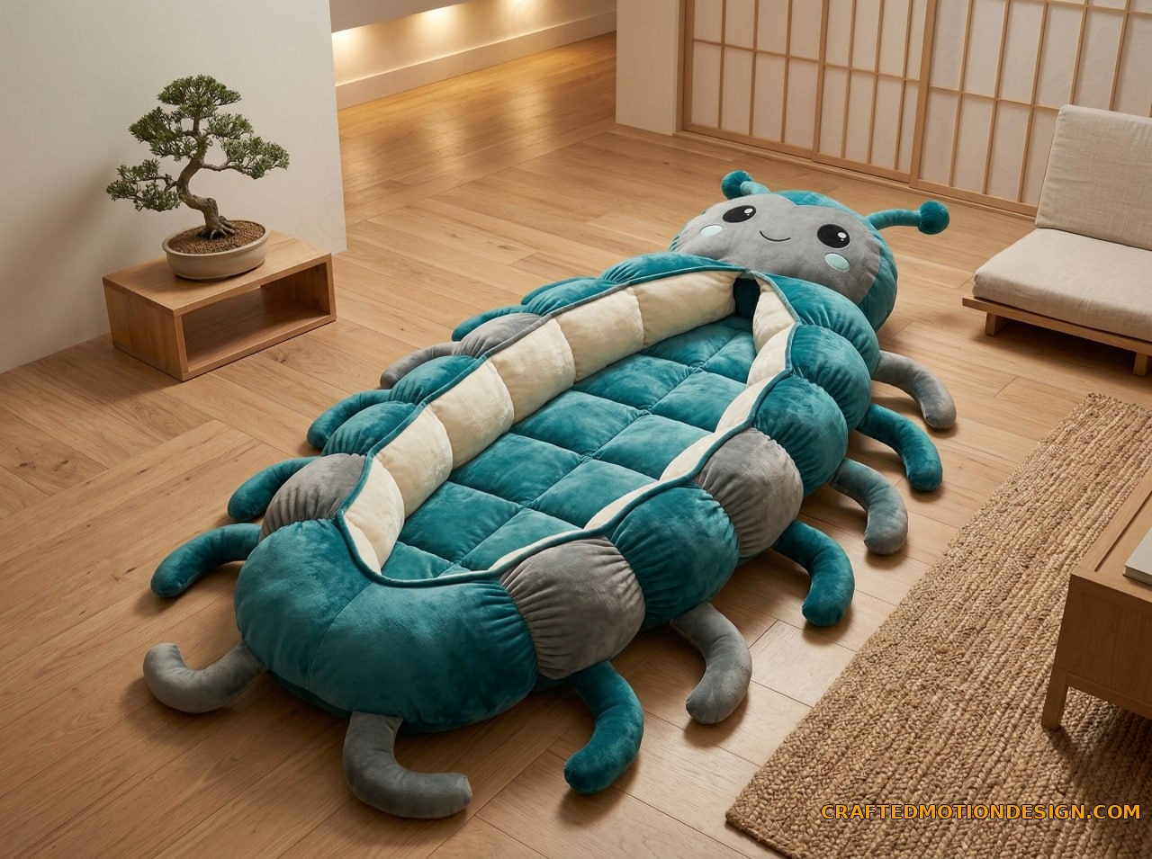 Sage green caterpillar sleeping bag in cozy cabin