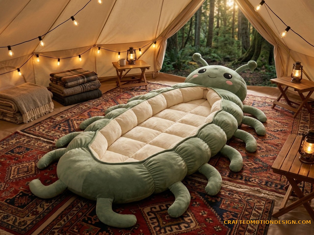 Navy blue millipede sleeping bag Scandinavian bedroom