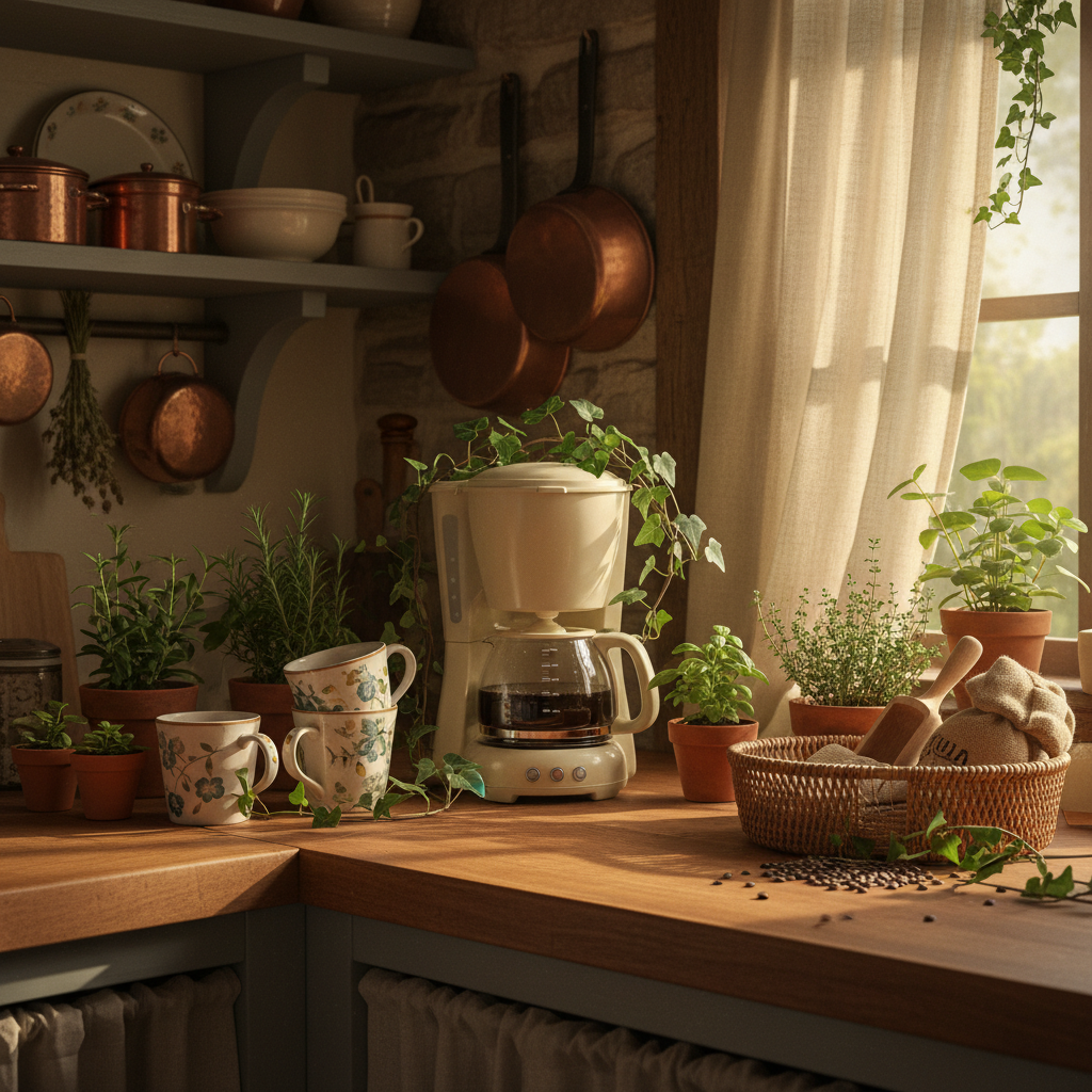 cozy cottage fantasy coffee maker station with wood shelves and whimsical kitchen decor
