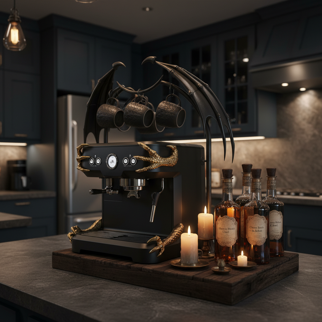dragon themed fantasy coffee maker setup with warm scales and glowing details