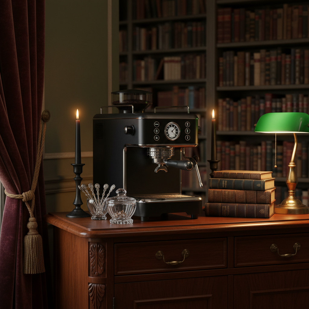 gothic library fantasy coffee maker setup with dark cabinets brass accents and moody lighting