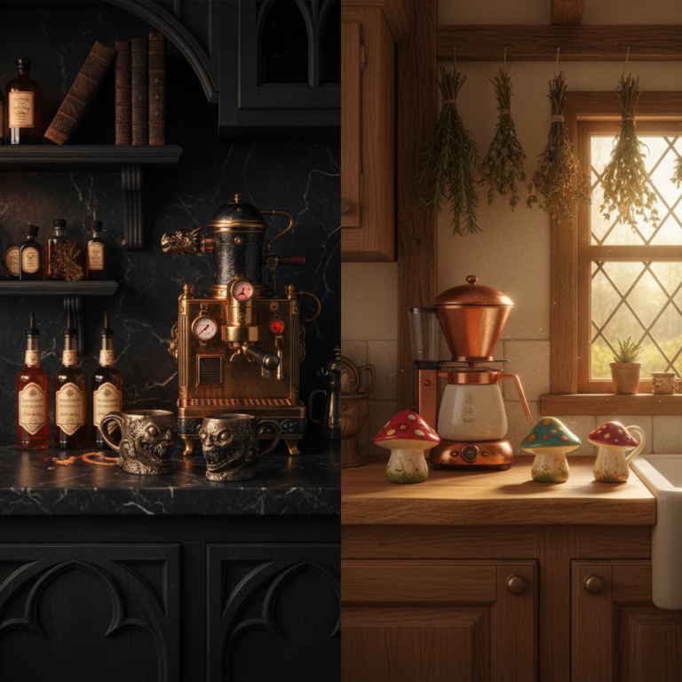 fantasy coffee maker ideas shown in two magical kitchen setups