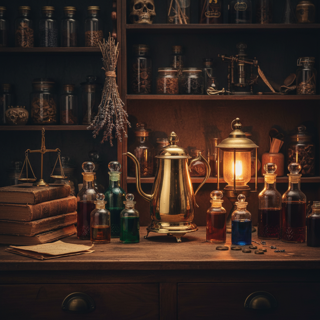 fantasy coffee maker in a potion room kitchen with glass jars and warm lighting