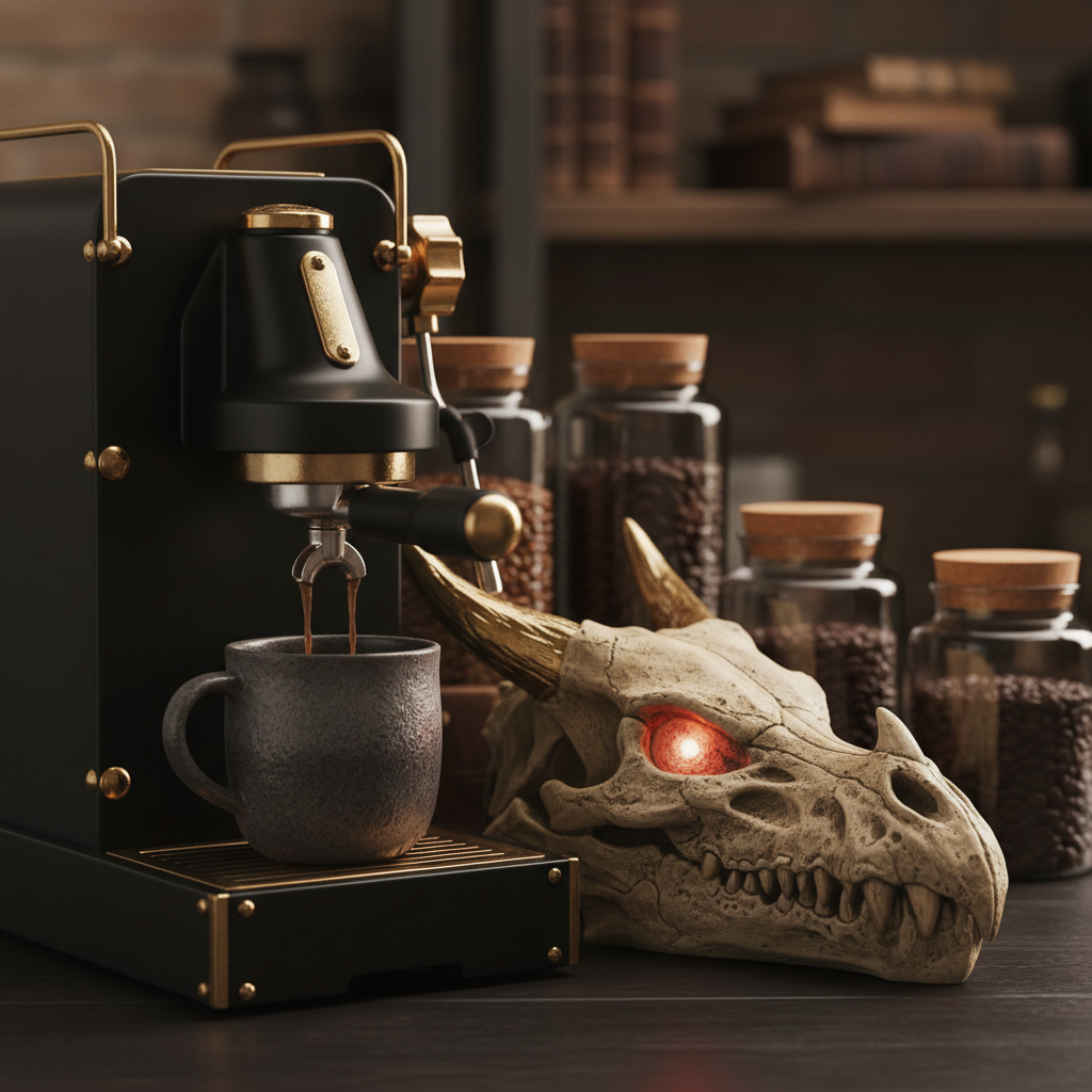 close up of a dragon skull inspired coffee station with dark ceramic mug and ember glow