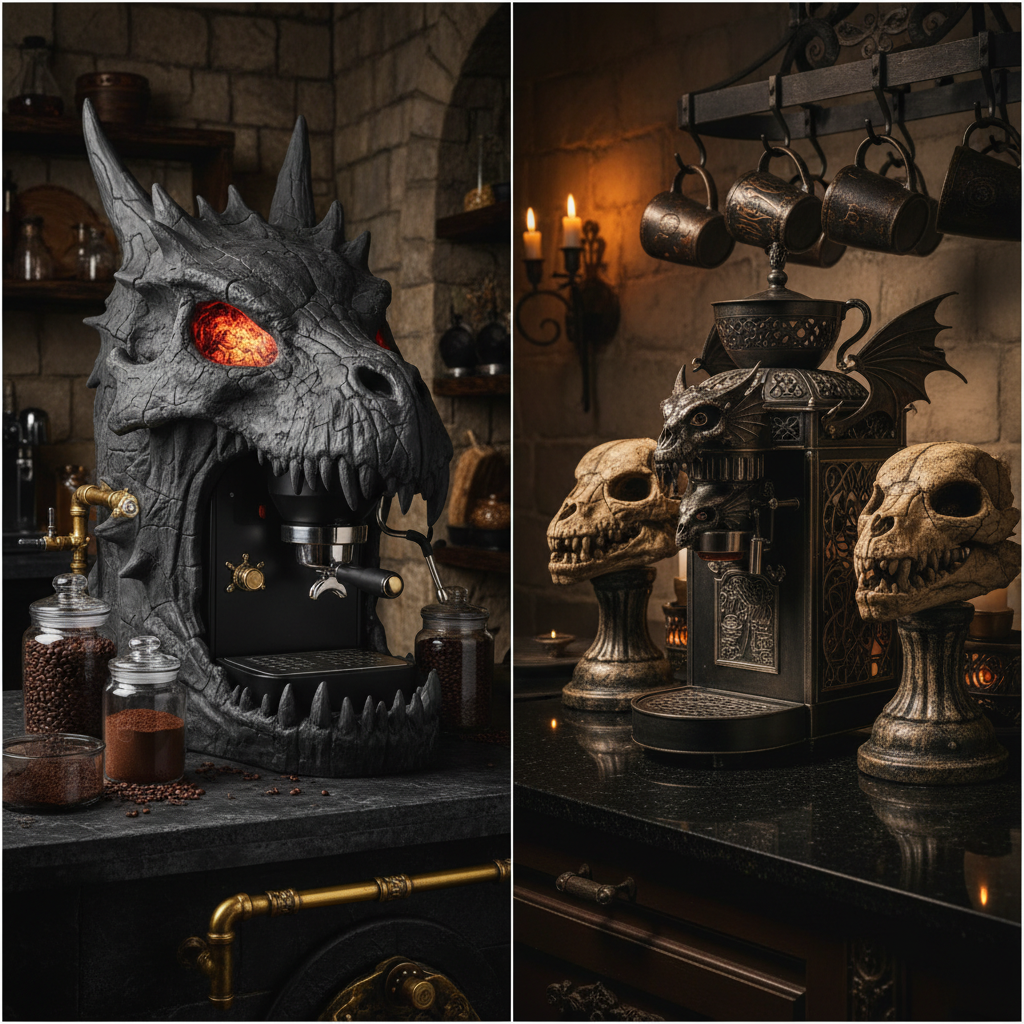 dragon skull coffee maker ideas shown in two dark fantasy kitchen setups