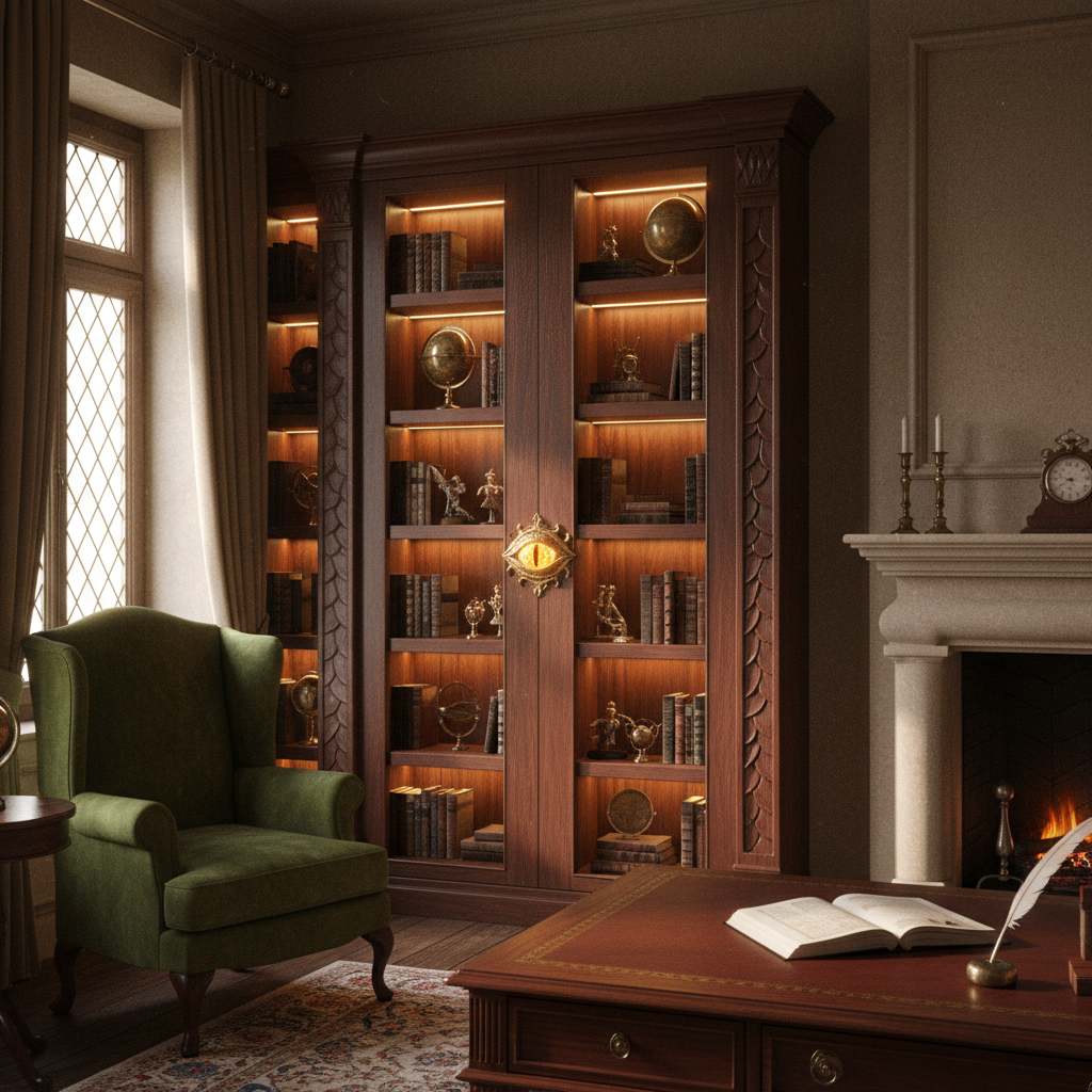 closed secret dragon library bookshelf door with carved wood and warm lighting