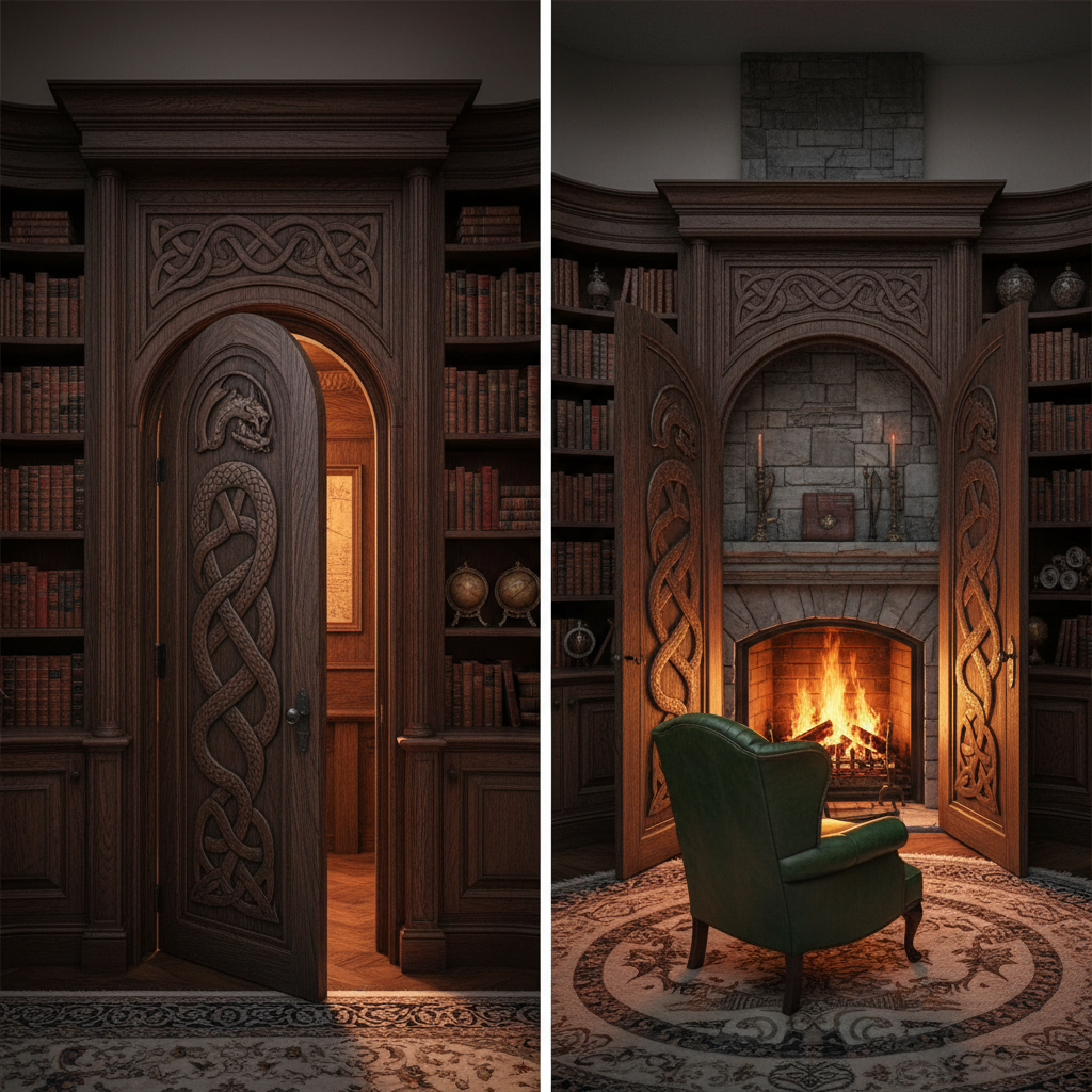 secret dragon library door ideas shown in two hidden fantasy reading room concepts