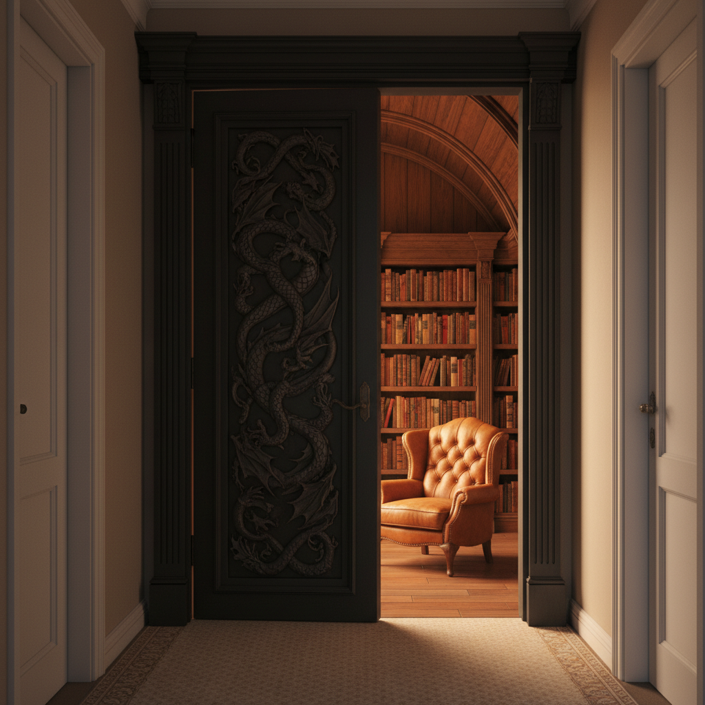 secret dragon library door opening into a hidden fantasy reading room