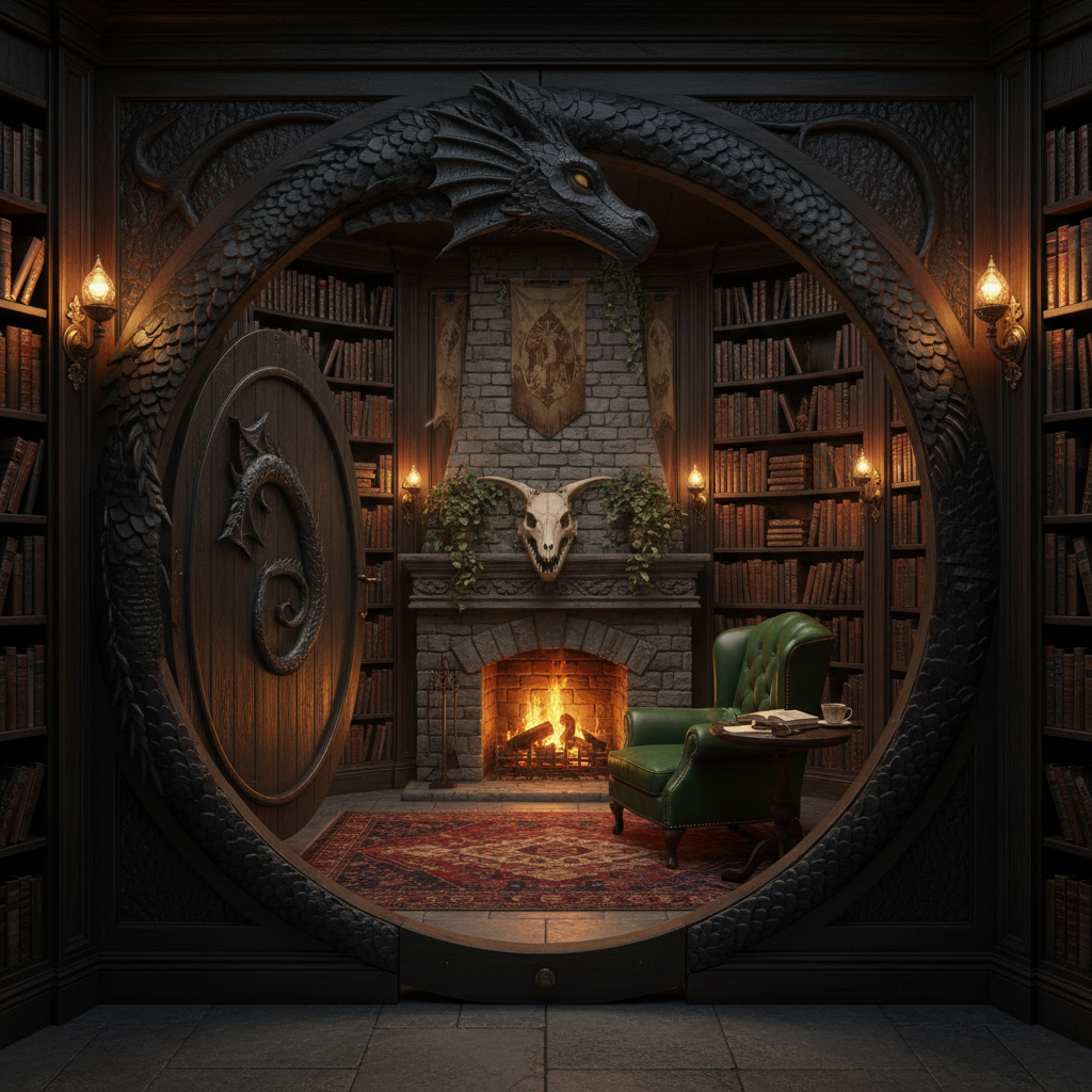 hidden fantasy dragon library reading room with bookshelves leather chair and ember lighting