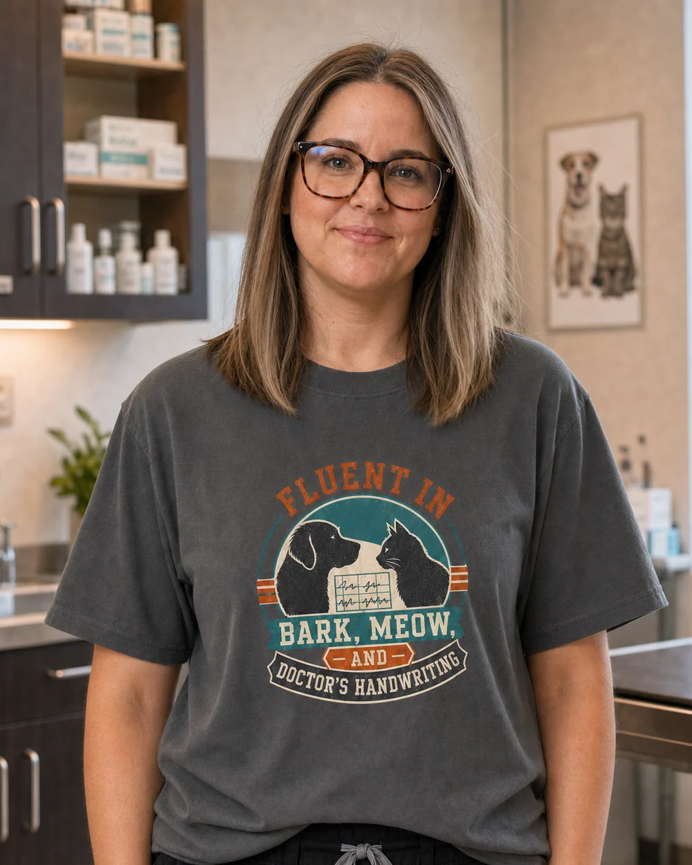 Veterinary professional wearing an original Brenners Creative Co graphic tee