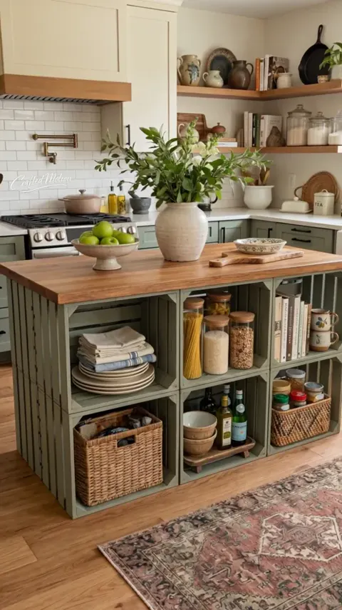 Kitchen island built from wooden crates