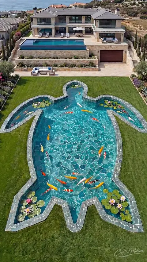 Backyard koi pond shaped like a sea turtle