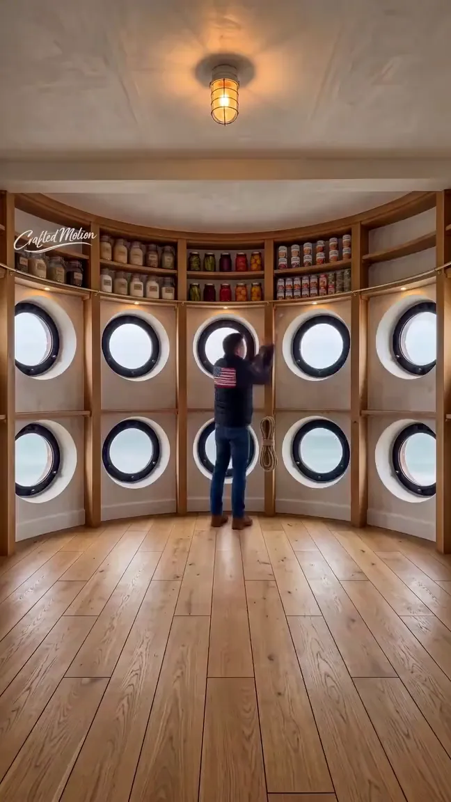 Porthole room with new floor and shelves