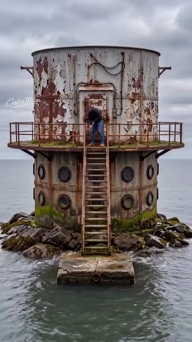The rusted Abandoned Ocean Fort standing in grey sea, before restoration
